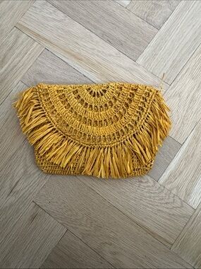 Handwoven Mustard Fringe Clutch